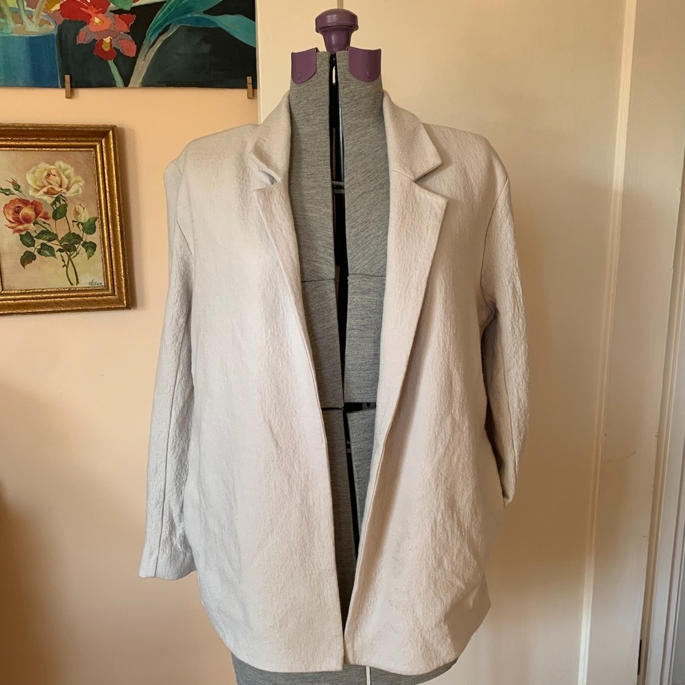 Eileen Fisher 100% Boiled Wool Open Front Blazer Jacket Beige L